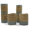 Set of four woven seagrass and abu-abu raffia vases and bins in natural beige and muted gray stripes cylindrical shape