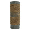 A cylindrical woven seagrass and abu-abu raffia storage basket with beige and gray bands for organizing or as a vase