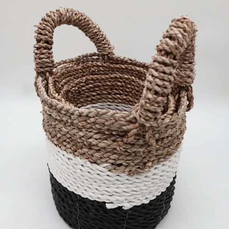 Handwoven seagrass storage basket set of 3 with braided handles striped dark grey white and natural colors