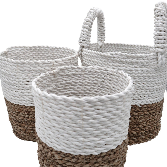 Paniers en jonc de mer - Naturel et blanc, lot de 3