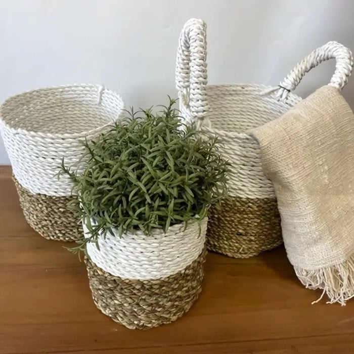 White and beige woven seagrass basket with handles in a two tone design from a natural and white set of 3 baskets