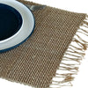 Natural beige seagrass placemat with frayed edges and woven texture made from burlap material