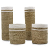Set of four natural-toned seagrass vases and bins handwoven with white rope trim for versatile storage use