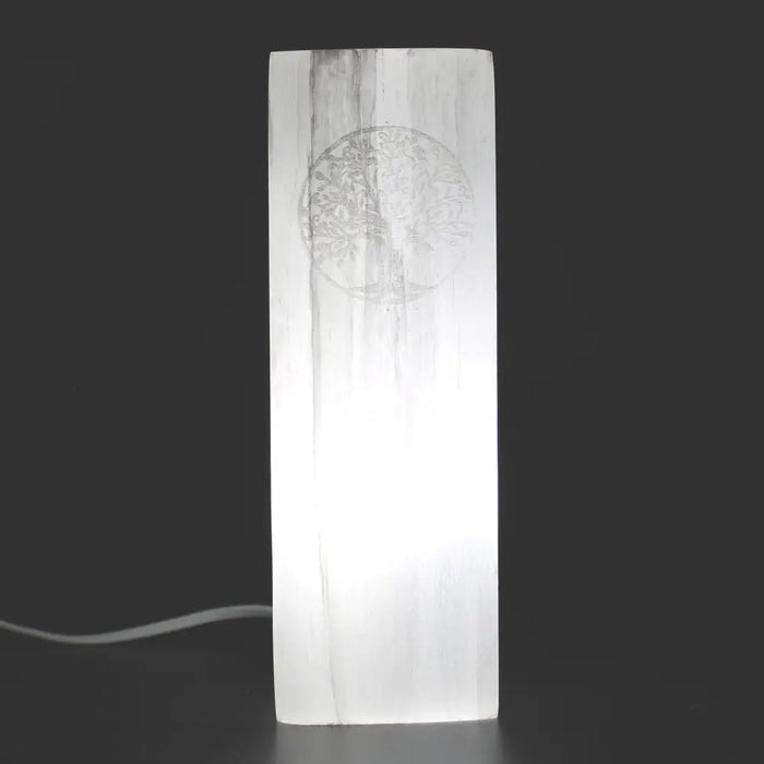 A translucent white selenite block lamp with a carved tree of life design made of natural selenite material