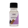 A clear glass bottle with black cap labeled ancient wisdom sensual fragrance oil featuring floral notes and allergen declarations