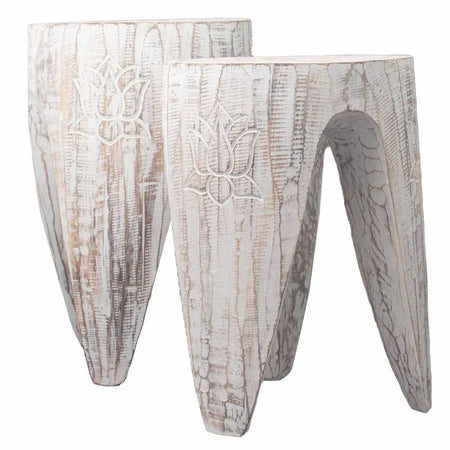White distressed wood plant stand with carved lotus flower design made of albasia wood for indoor plants