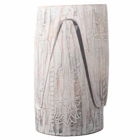 White distressed albasia wood plant stands with carved lotus designs and central archway in whitewash finish
