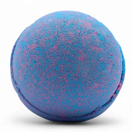 A spherical bath bomb with textured blue and purple swirls from a set of 3 baby powder bath bombs