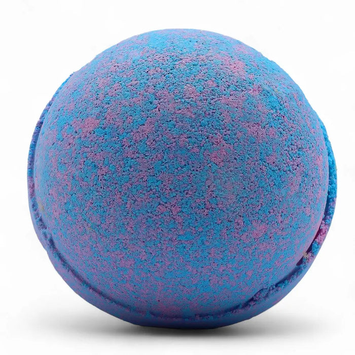 A spherical bath bomb with textured blue and purple swirls from a set of 3 baby powder bath bombs