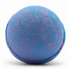 A spherical bath bomb with swirling blue and purple patterns from a set of 3 bath bombs baby powder scent