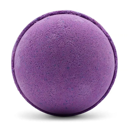 A round textured purple bath bomb with subtle speckles from a set of 3 bath bombs blackberry scent