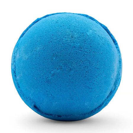 A vibrant blue round bath bomb with a textured surface from a set of 3 blueberry scented bath bombs