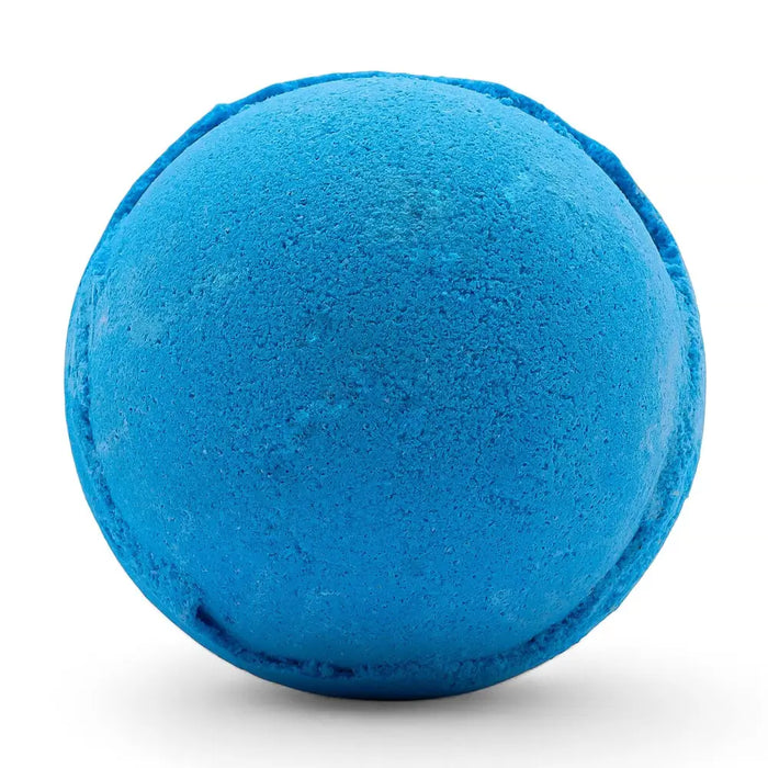 A vibrant blue round bath bomb with a textured surface from a set of 3 blueberry scented bath bombs