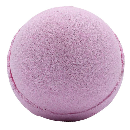 A soft lavender round bath bomb with a textured powdery surface from a set of 3 bath bombs bubblegum