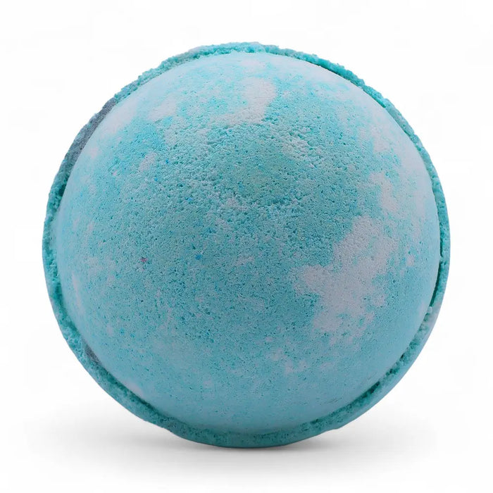 A soft teal round bath bomb with white speckles from the set of 3 bath bombs five for him collection