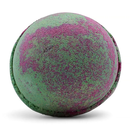 A round textured bath bomb with green and pink hues from the fruity rhubarb set of 3 bath bombs