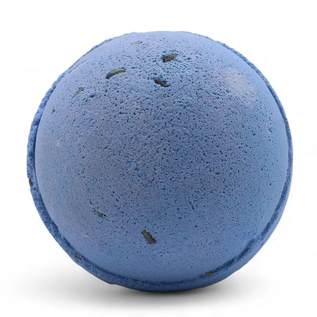 A round blue bath bomb with dried lavender flecks and a textured surface from a set of 3 bath bombs lavender seeds