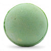 A round light green bath bomb with textured surface and darker green speckles from a lemon eucalyptus set