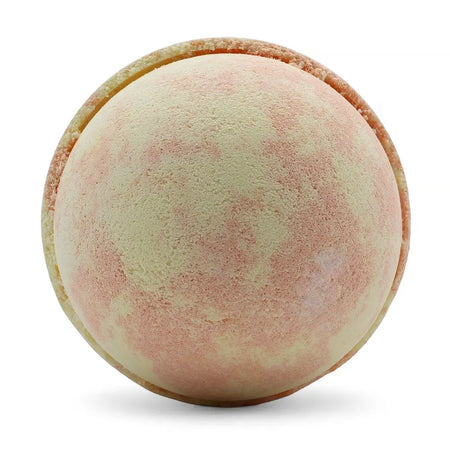 A round marbled bath bomb in peach and cream hues from the set of 3 bath bombs peach sangria collection