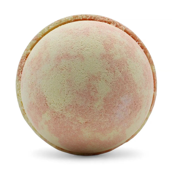 A round marbled bath bomb in peach and cream hues from the set of 3 bath bombs peach sangria collection