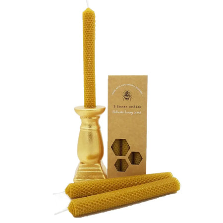 Golden honeycomb patterned beeswax candles set of 3 in gold toned holders for dinner table use
