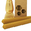Set of 3 golden honeycomb patterned beeswax candles with a natural textured surface