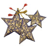 Set of 3 hand-painted papier maché stars in deep blue with gold leaf patterns and red tassels