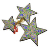 Set of 3 hand-painted papier maché star ornaments with blue floral patterns on gold background and red tassels
