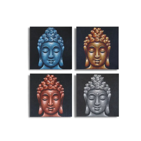 Set of 4 painted canvases featuring serene buddha heads in blue gold copper and silver tones with sand finish