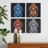 Set of 4 painted canvases with buddha heads in blue gold copper and silver tones with sand finish texture