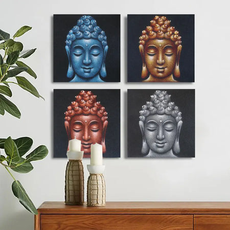 Set of 4 painted canvases with buddha heads in blue gold copper and silver tones with sand finish texture