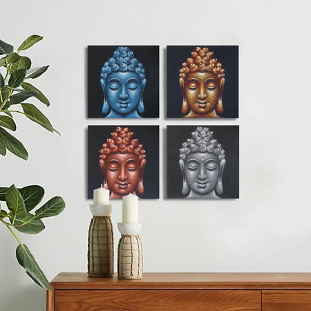 Set of 4 painted canvases with sand finish featuring blue gold copper and silver buddha heads on dark background