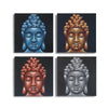 Set of 4 square buddha head canvases with sand finish in blue gold copper and silver on dark backgrounds