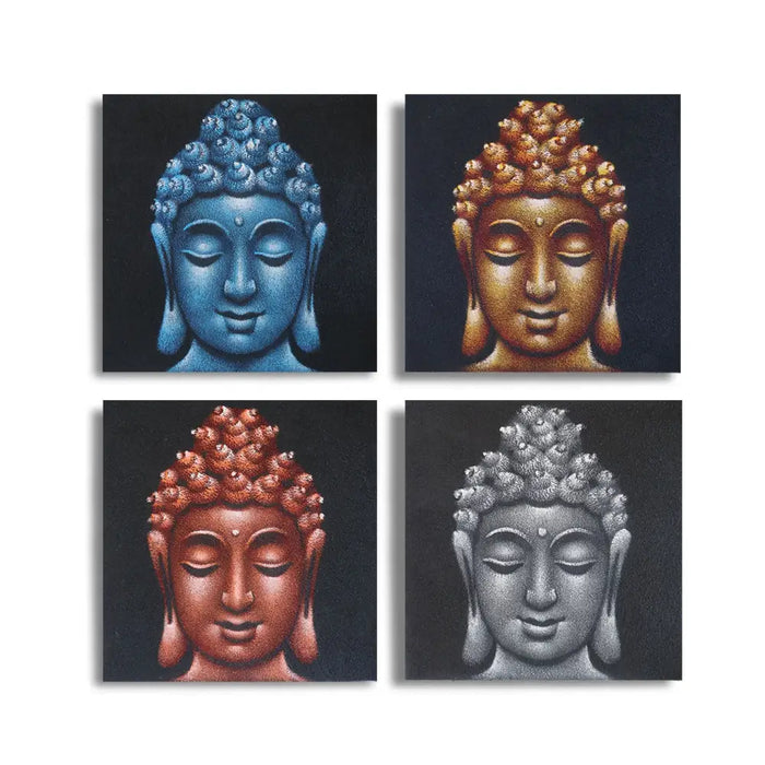 Set of 4 square buddha head canvases with sand finish in blue gold copper and silver on dark backgrounds