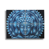 Set of 4 painted canvases featuring blue buddha face artwork with intricate lotus design on black background
