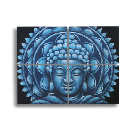 Set of 4 painted canvases featuring blue buddha face artwork with intricate lotus design on black background