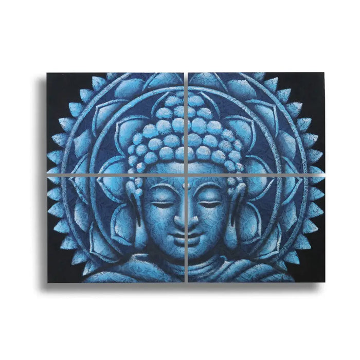 Set of 4 painted canvases featuring blue buddha face artwork with intricate lotus design on black background