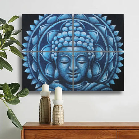Set of 4 painted canvases featuring blue buddha face with intricate lotus petals on dark background material canvas