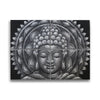 Set of 4 painted canvases showing black and white buddha face with mandala brocade detail on grey background