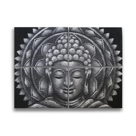 Set of 4 painted canvases showing black and white buddha face with mandala brocade detail on grey background