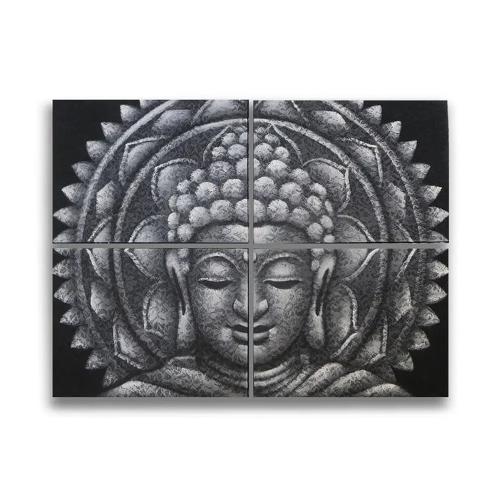 Set of 4 painted canvases showing black and white buddha face with mandala brocade detail on grey background