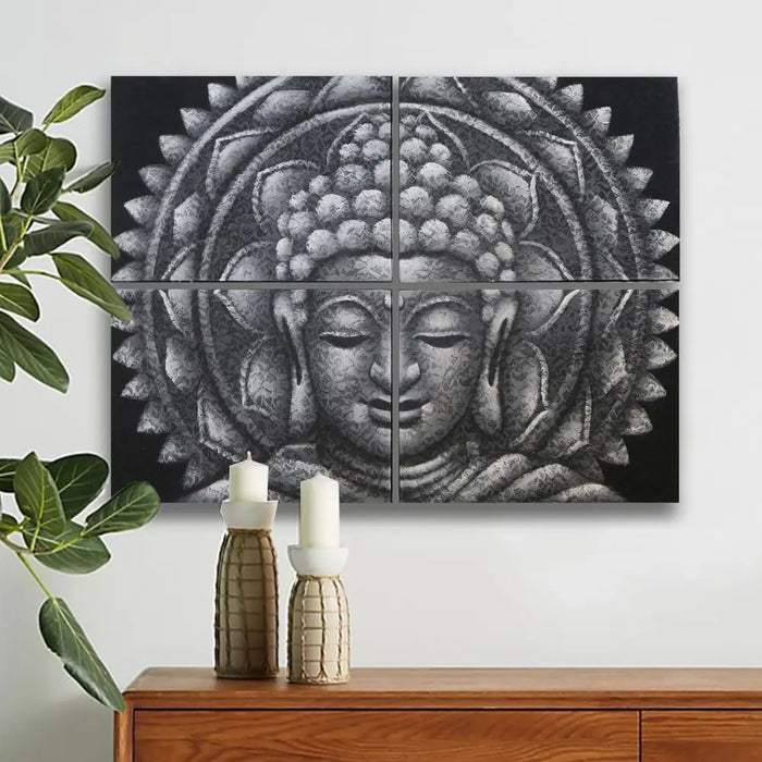 Set of 4 black and white painted canvas panels showing intricate buddha mandala and brocade detail in grey tones