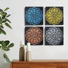 Set of 4 painted canvas wall art pieces with blue yellow copper and silver glitter mandala designs on black background