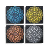 Set of 4 painted canvas mandala art prints with metallic blue gold copper and silver floral designs on black backgrounds