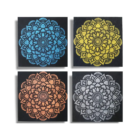 Set of 4 painted canvas mandala art prints with metallic blue gold copper and silver floral designs on black backgrounds