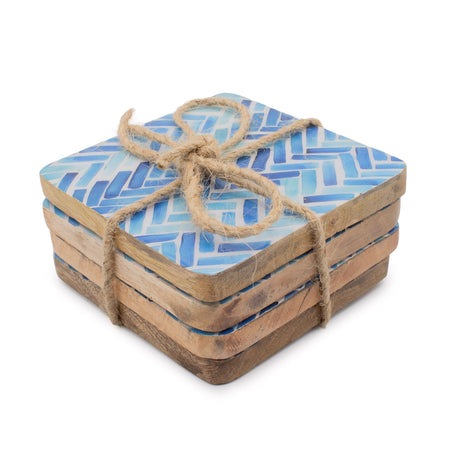 Set of 4 square coasters with blue herringbone pattern tops and natural wood sides tied with twine