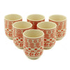 Set of 6 cream ceramic herbal tea cups with red floral and geometric patterns for small herbal teapot use