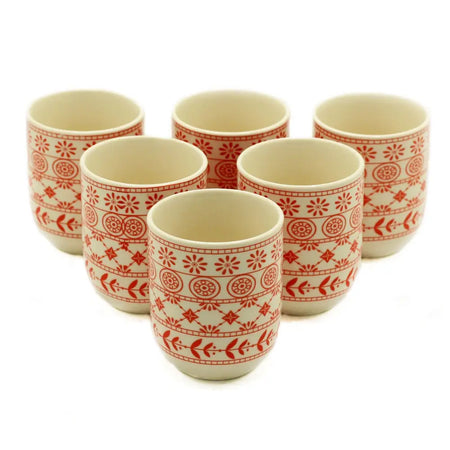 Set of 6 cream ceramic herbal tea cups with red floral and geometric patterns for small herbal teapot use