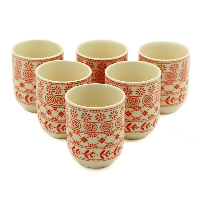 Set of 6 cream ceramic herbal tea cups with red floral and geometric patterns for small herbal teapot use