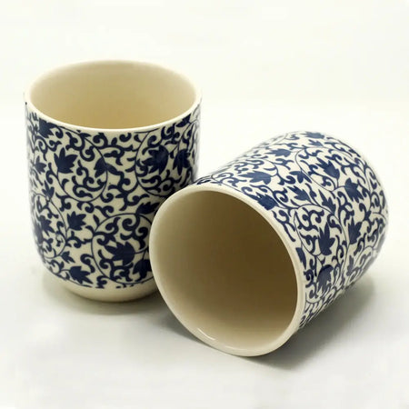 Set of 6 blue pattern ceramic herbal tea cups with intricate floral design suitable for small herbal tea use